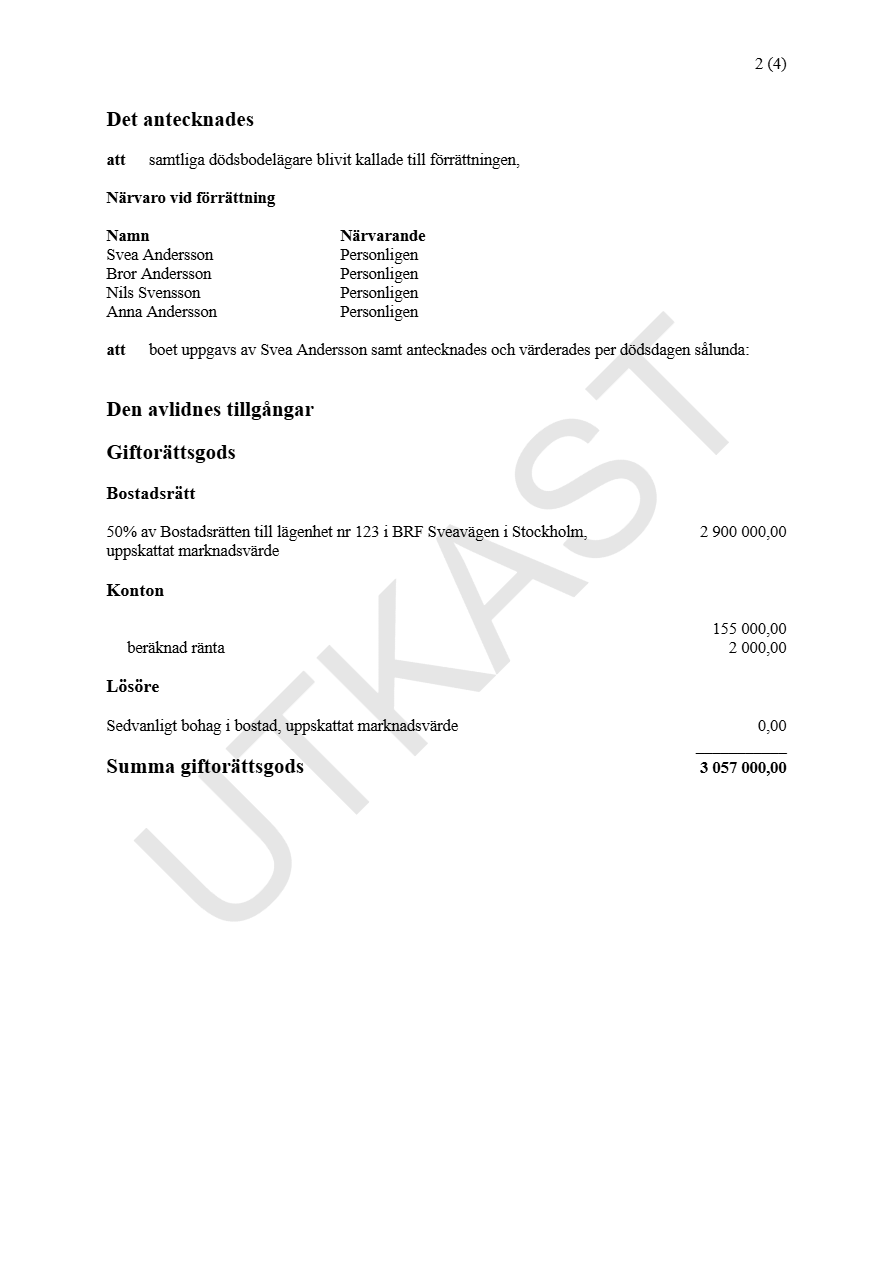 Genererad bouppteckningshandling som uppfyller Skatteverkets formkrav